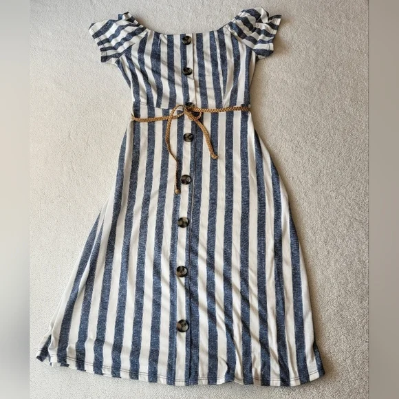 Derek Heart Blue Striped Belted Summer Dress Button Down Off Shoulder Option - Picture 2 of 9